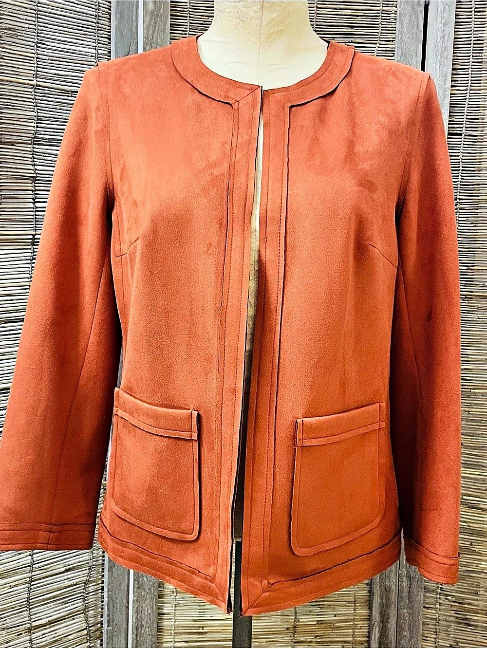 Kasper Faux-Suede Framed Patch-Pocket Open-Front Jacket Orange